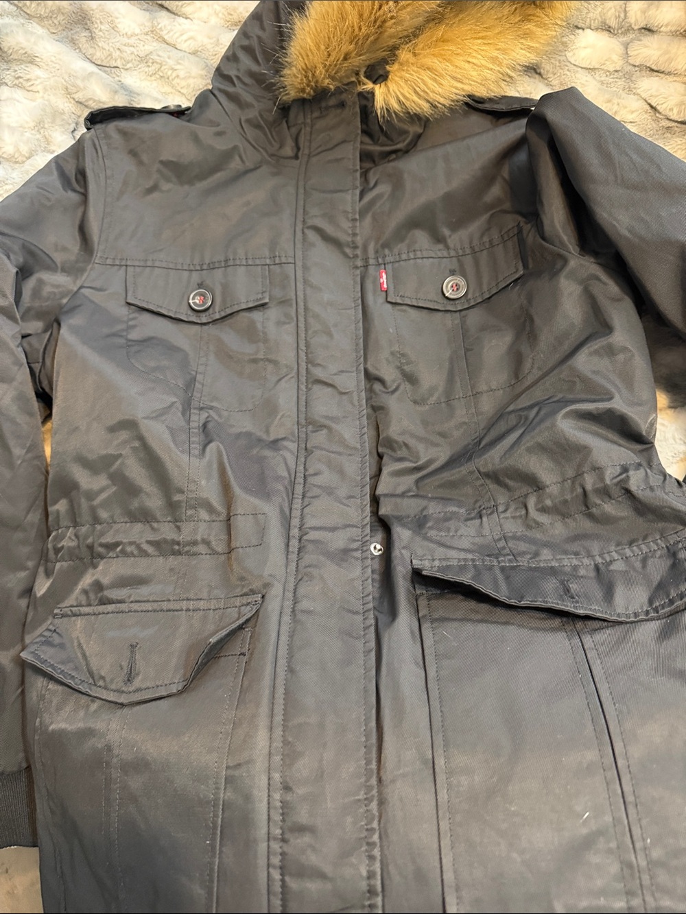 Levi's Black Hooded Puffer Coat with Faux Fur Trim Women’s - Picture 6 of 6